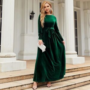 Women's Elegant Velvet Belted Pleated Long Sleeve Cocktail Party Dress Large